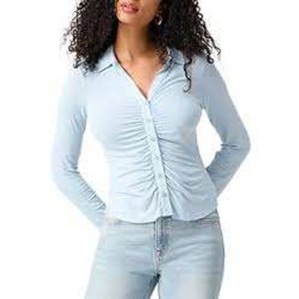 Out from Under Light Blue Ribbed Ruched Button Front Long Sleeve Top‎ size S